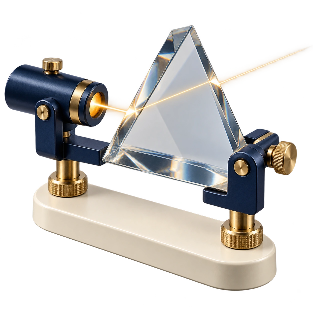 A beam of light passes through an optical prism held in a brass and navy instrument.
