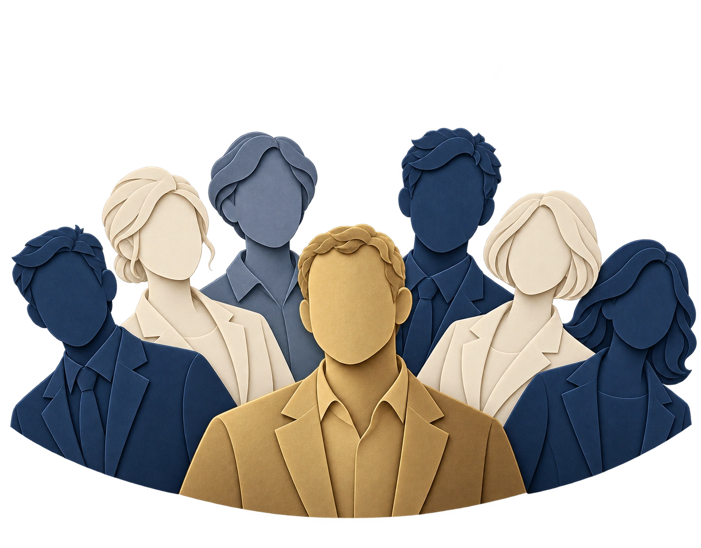 Seven layered-paper silhouettes form a fan: a brass central figure brings together six individual specialists in navy, ivory and slate.