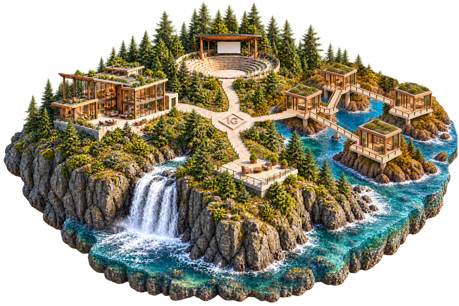 A coastal miniature world: a workshop, amphitheater, four connected waterfront studios and a conversation terrace meet along a stone path with an embedded IG relief.